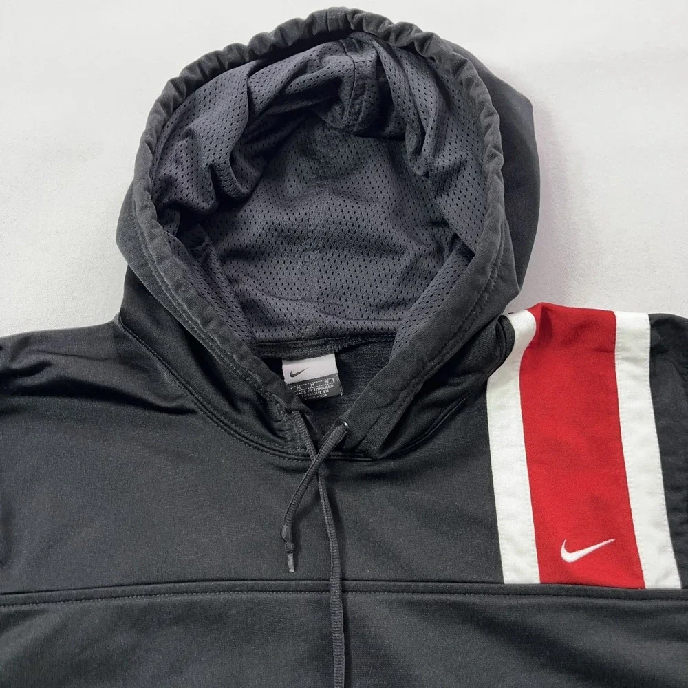 Y2K Nike Hoodie Men Medium Black Pullover Polyester Knit Kangaroo Pocket Vintage